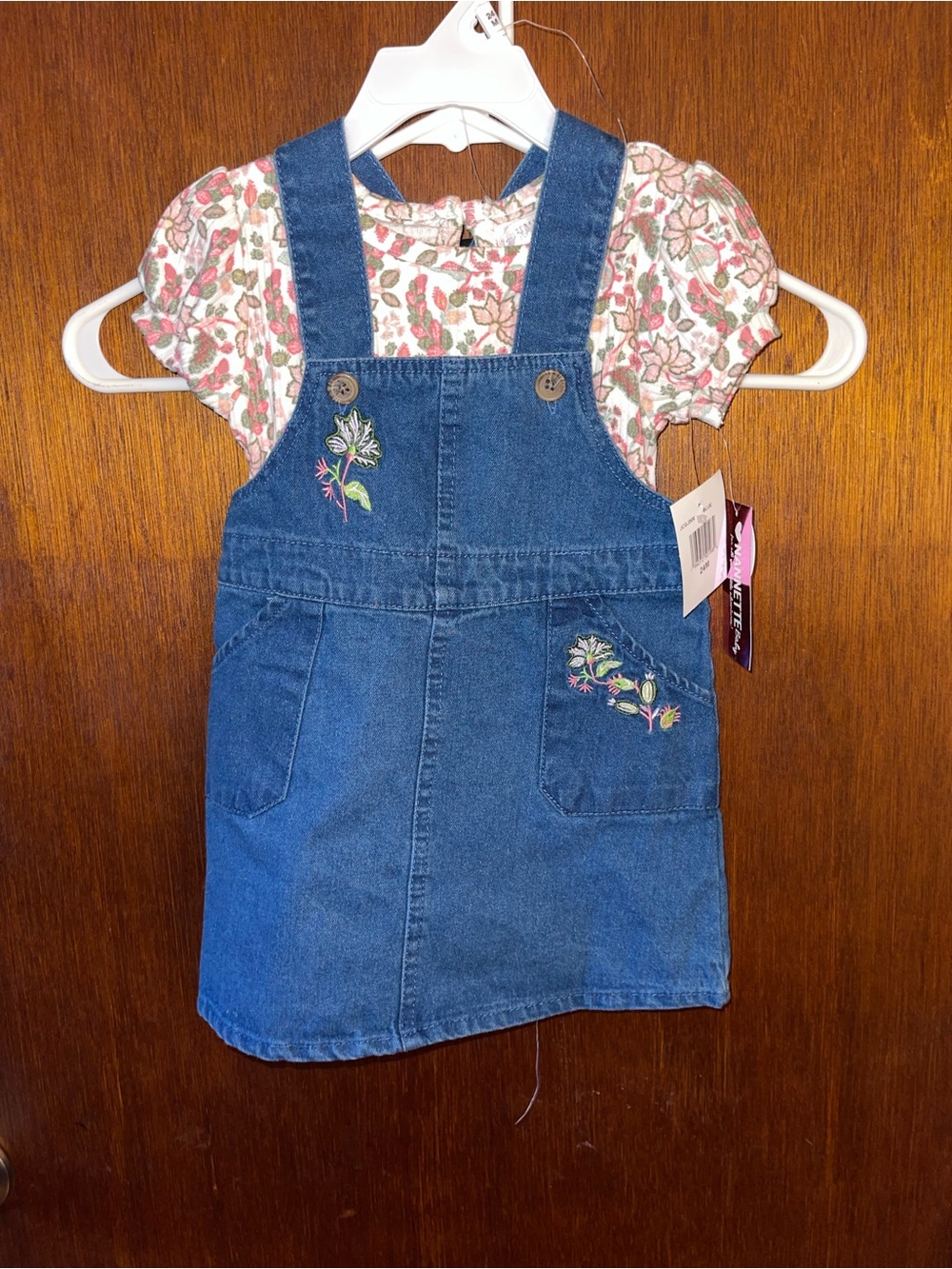 Girls Denim Embroidered Pinafore Dress with Floral Top - Blue